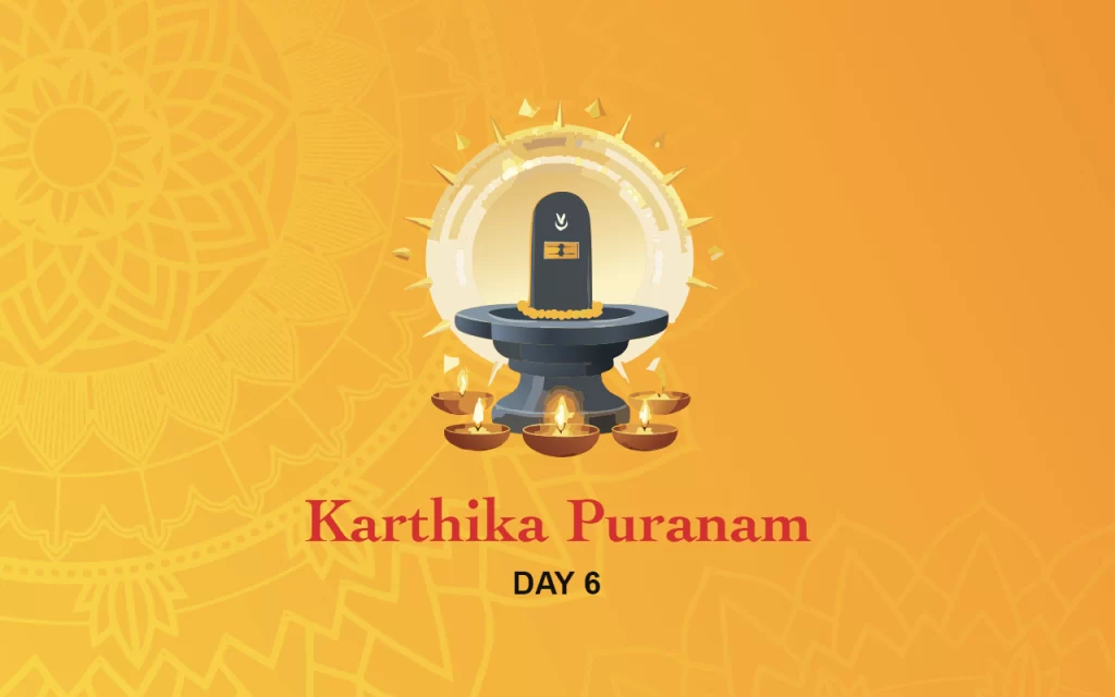 Shiva Lingam decorated with glowing diyas for Karthika Puranam Day 6 — Hindu festival image symbolizing devotion to Lord Shiva during the sacred month of Karthika.